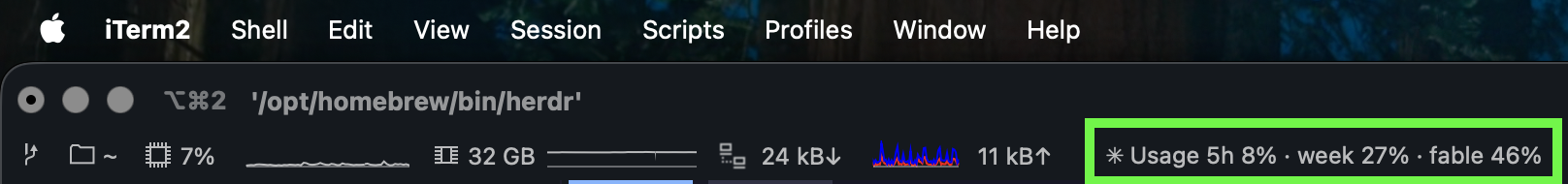 Medium: the status bar reading Usage 5h 8%, week 27%, fable 46%