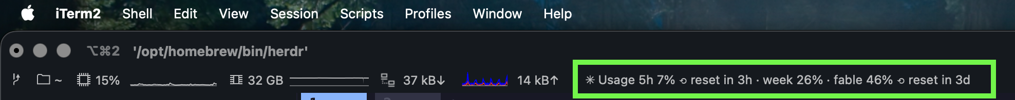 Wide · Countdown: the status bar reading Usage 5h 7%, reset in 3h, week 26%, fable 46%, reset in 3d