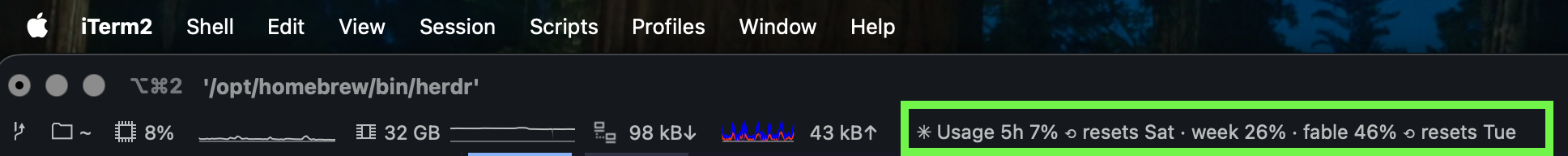 Wide · Inline: the status bar reading Usage 5h 7%, resets Sat, week 26%, fable 46%, resets Tue