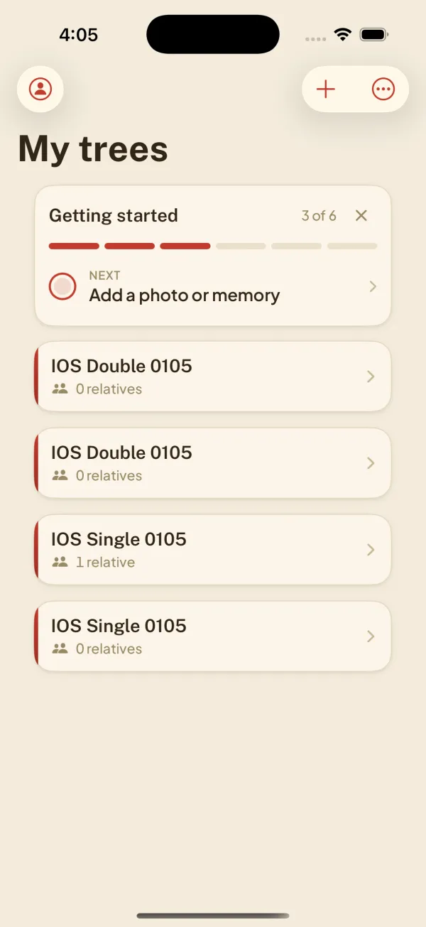 iOS Simulator after an app restart: IOS Double 0105 and IOS Single 0105 each appear twice in My trees.